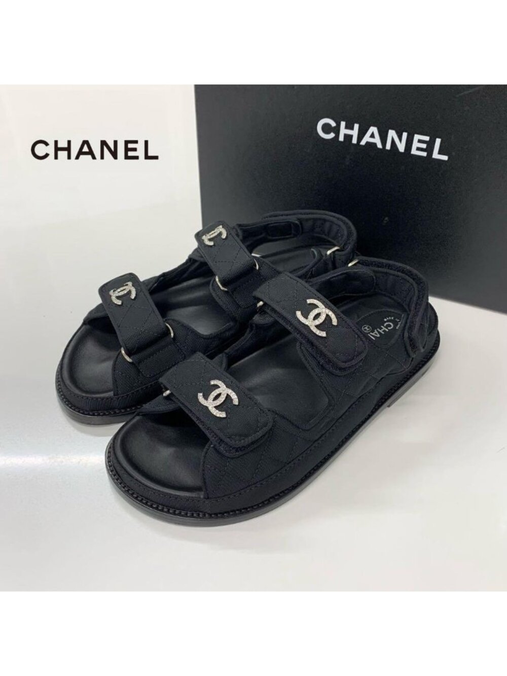 Chanel Fabric CC Logo Rhinestone Velcro Sandals
